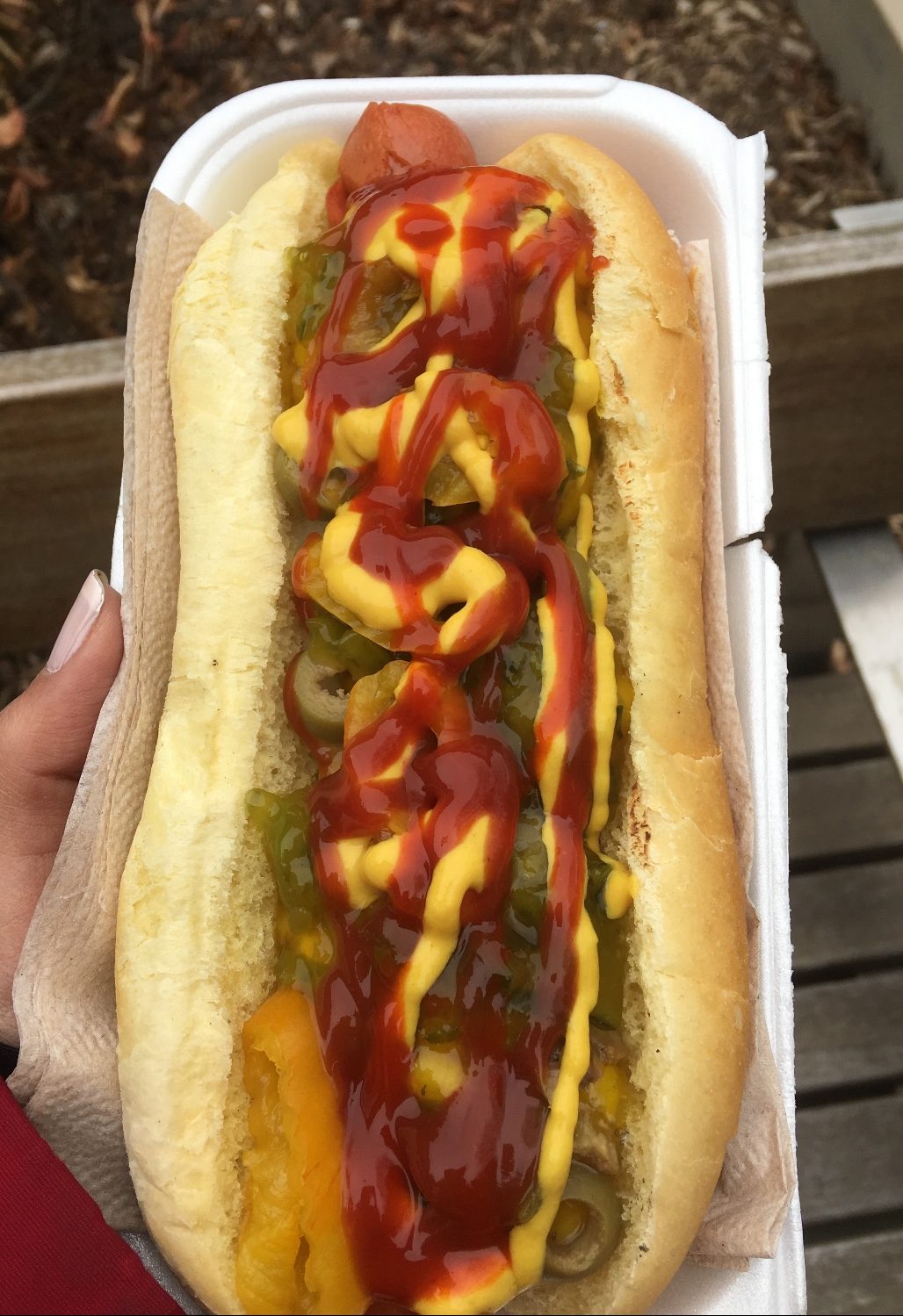 A loaded hot dog from Attwell Food, made to order